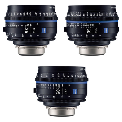 ZEISS CP.3 Kit de 3 lentes cine 35 50 85mm T2.1 Montura PL en pies
