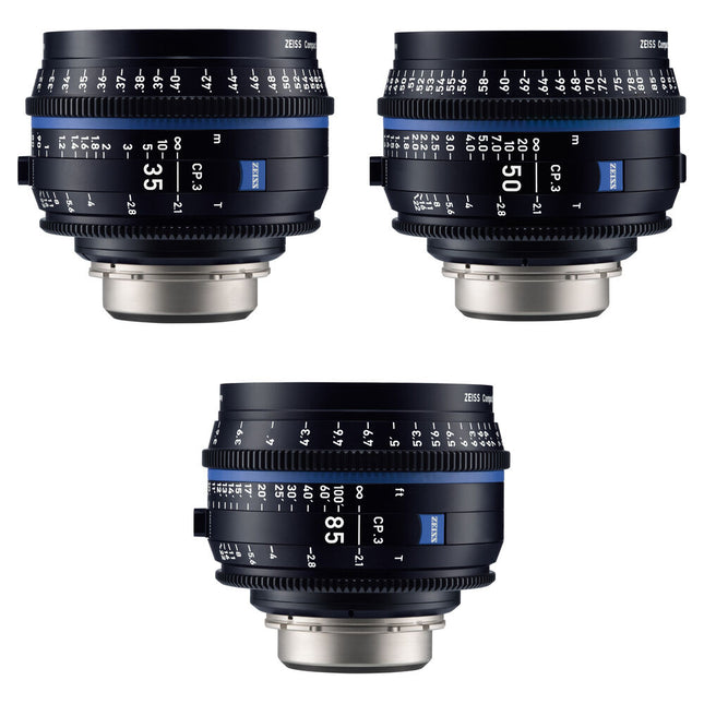 ZEISS CP.3 Kit de 3 lentes cine 35 50 85mm T2.1 Montura PL en pies