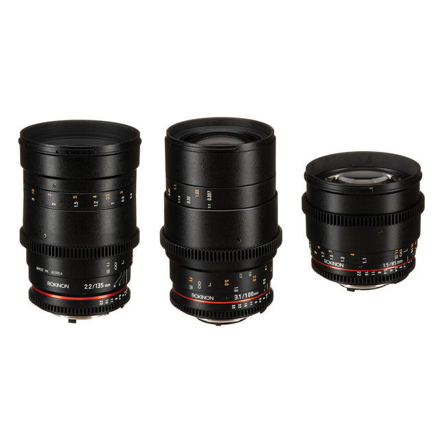 Rokinon Cine DS Kit de lentes 85mm T1.5 100mm T3.1 Macro 135mm T2.2 F Mount