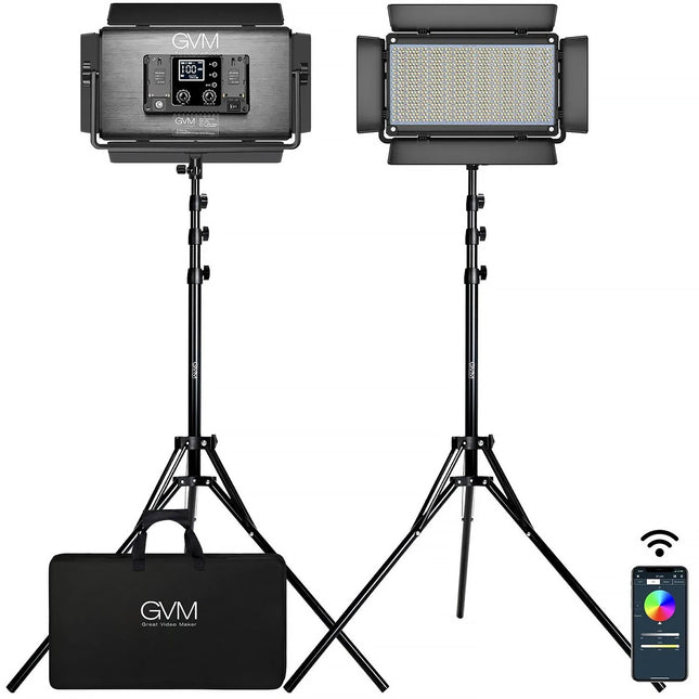 GVM 1500D Panel LED RGB Kit 2 Luces 9770 Lux Barndoor Difusor Maletín