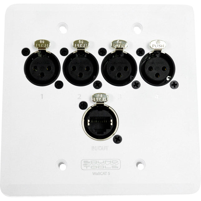 SoundTools WallCat 5 XLR Audio sobre Cat5 con 4 conectores XLR y EtherCon blanco