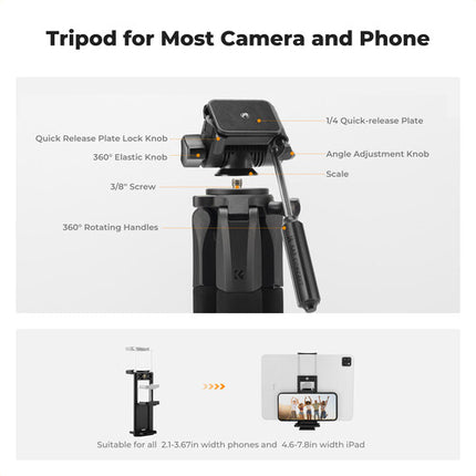 K&F Concept M305A3 Trípode Vlog Carga 8.8 lb Altura 74.8" incluye Control Remoto
