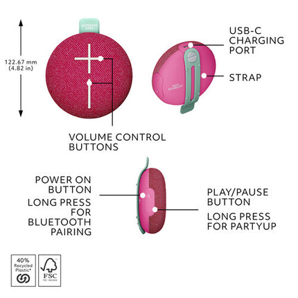 Ultimate Ears MINIROLL Altavoz Bluetooth portátil resistente al agua 12 horas batería 131 pies alcance