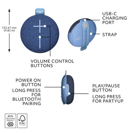 Ultimate Ears MINIROLL Altavoz Bluetooth portátil impermeable azul majestuoso 12 horas reproducción