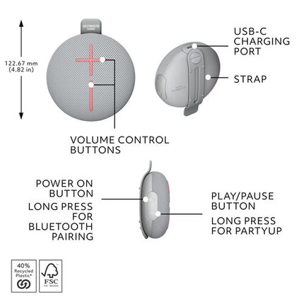 Ultimate Ears MINIROLL Altavoz Bluetooth Portátil Resistente al Agua 12 Horas Reproducción