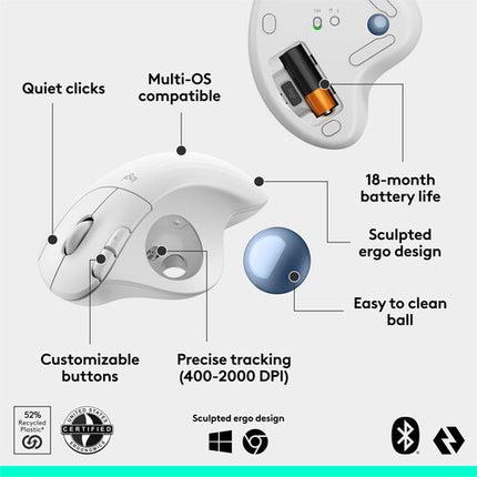 Logitech Ergo M575S Ratón Trackball Inalámbrico Bluetooth 2000 dpi Off-White