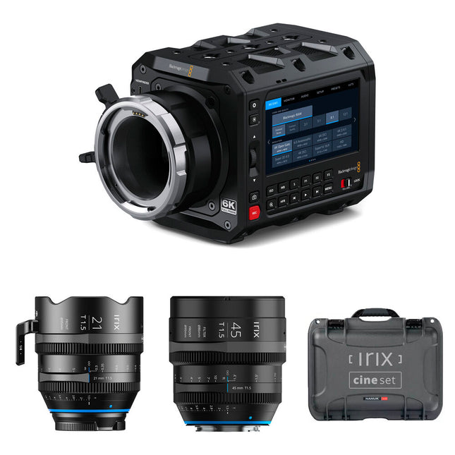 Blackmagic Design PYXIS 6K cámara de cine con lentes IRIX 21mm y 45mm T1.5 PL