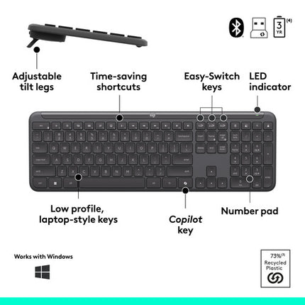 Logitech Signature Slim MK955 Teclado y Ratón Inalámbrico Bluetooth 5.1 400-4000 dpi Copilot
