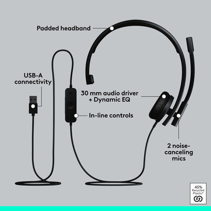Logitech H570e Auricular Mono USB-A con Cancelación de Ruido y Llamadas LED