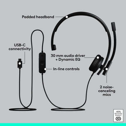Logitech H570e Auricular Mono USB-C con Micrófono Ajustable y Cancelación de Ruido