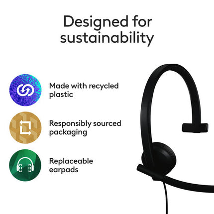 Logitech H570e Auricular Mono USB-C con Micrófono Ajustable y Cancelación de Ruido