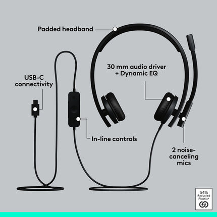 Logitech H570e Auriculares USB-C con micrófono ajustable y cancelación de ruido