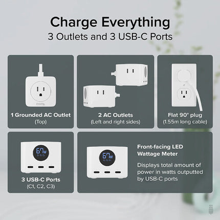 Plugable 67W Regleta USB-C con Medidor de Energía y 3 Puertos USB-C