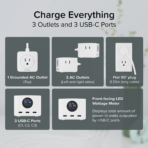 Plugable 67W Regleta USB-C con Medidor de Energía y 3 Puertos USB-C