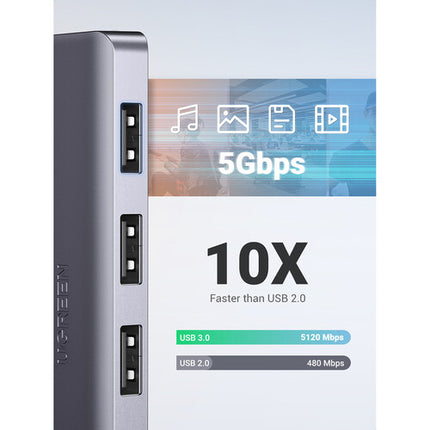 UGREEN Hub USB 3.0 de 4 Puertos con Cable Integrado y Aluminio