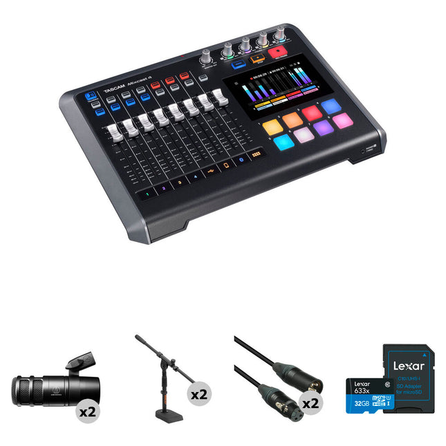 TASCAM Mixcast 2 Kit de Podcast con Mixer Grabadora 32GB y Micrófonos Audio-Technica
