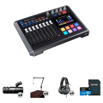 TASCAM Mixcast Kit para Podcast 4 Personas con 4 Micrófonos Boom Arms Auriculares y Tarjeta 32GB
