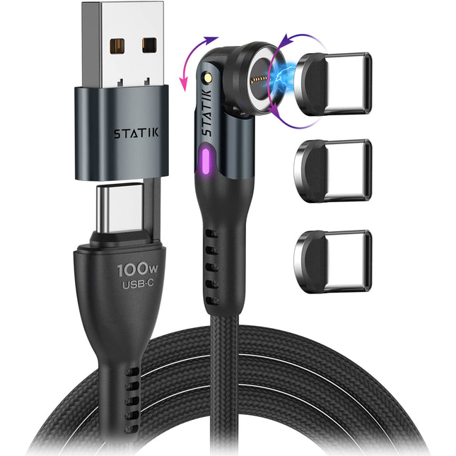 Statik 360 Pro Cable de carga magnético USB-C 100W 1 metro con adaptador USB-A y organizador