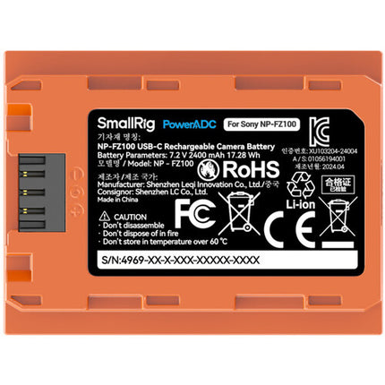 SmallRig Batería NP-FZ100 USB-C 2400mAh para cámaras Sony naranja