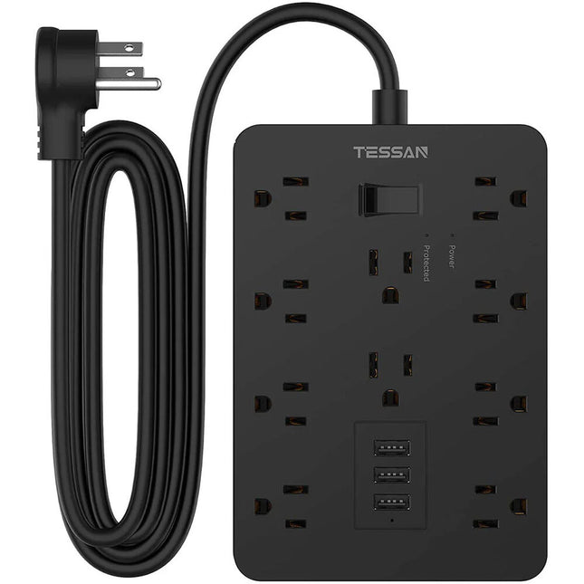 Tessan Protector contra Sobretensiones 10 Tomas 3 Puertos USB 1700J 5 pies Negro