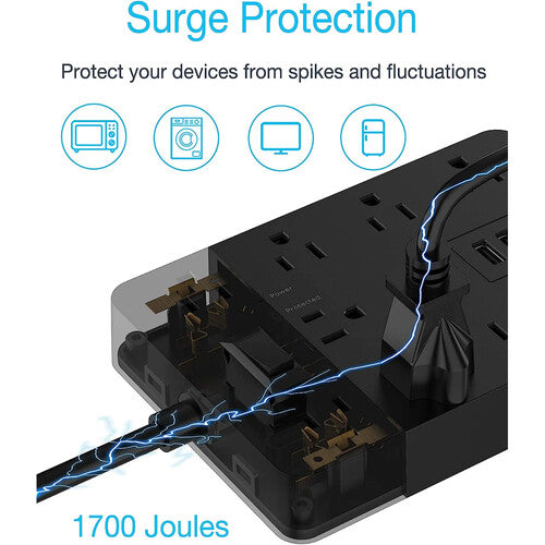 Tessan Protector contra Sobretensiones 10 Tomas 3 Puertos USB 1700J 5 pies Negro