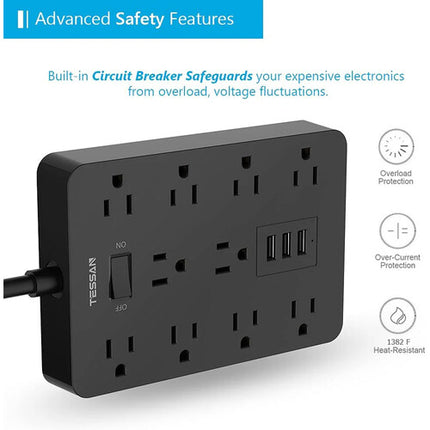 Tessan Protector contra Sobretensiones 10 Tomas 3 Puertos USB 1700J 5 pies Negro