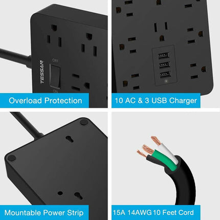 Tessan Protector contra Sobretensiones 10 Tomas 3 Puertos USB 1700J 5 pies Negro