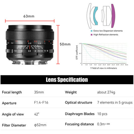 7Artisans 35mm f1.4 Mark III Lente Full Frame Apertura f1.4 a f16 Sony E negra