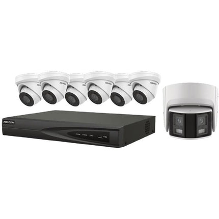 Hikvision EKI-K82T47 NVR 8 canales 4K con 2TB HDD 6 cámaras 4MP y cámara panorámica 4MP dual lente