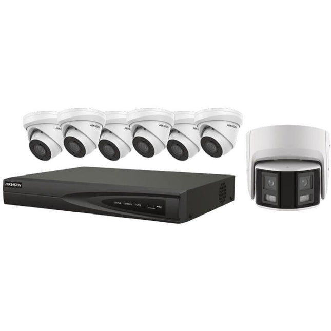 Hikvision EKI-K82T47 NVR 8 canales 4K con 2TB HDD 6 cámaras 4MP y cámara panorámica 4MP dual lente
