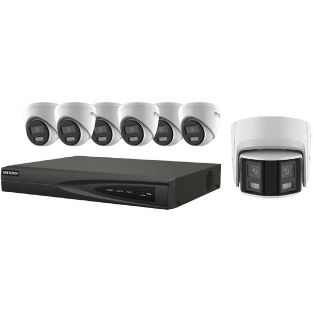 Hikvision EKI-K82T47C NVR 8 canales 4K 2TB con 6 cámaras ColorVu 4MP y cámara panorámica dual 4MP