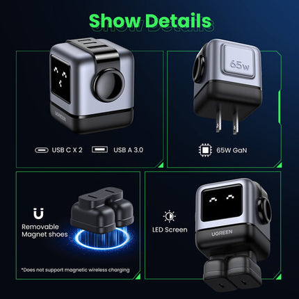 UGREEN Uno Cargador USB 65W 3 Puertos Gris Espacial con Pantalla LED