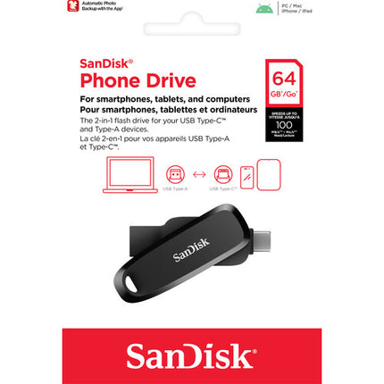 SanDisk 128GB Phone Drive USB 3.2 Gen 1 Unidad Flash USB-C y USB-A 100MB/s Negro