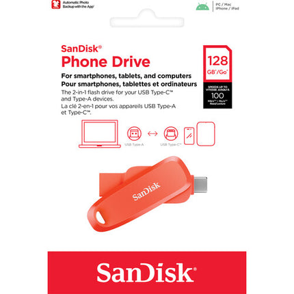 SanDisk 128GB Phone Drive USB 3.2 Gen 1 Unidad Flash USB-C y USB-A 100MB/s Naranja