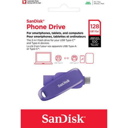 SanDisk 128GB Phone Drive Memoria USB 3.2 Gen 1 100 MB/s USB-C y USB-A Morado