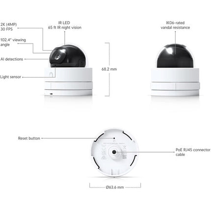 Ubiquiti UniFi Protect G5 Ultra Cámara de red domo interior 4MP 2688x1512 con visión nocturna 65 pies negra