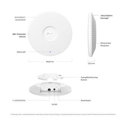 TP-Link EAP772 BE11000 Punto de Acceso Wi-Fi 7 Tri Banda 10654 Mb/s 2.5G PoE+ Montaje Techo Pared