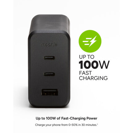 mophie 100W Cargador de Pared USB-C GaN 2 Puertos PD 18W USB-A