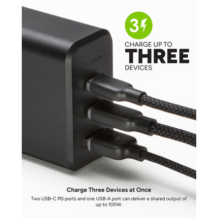 mophie 100W Cargador de Pared USB-C GaN 2 Puertos PD 18W USB-A