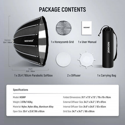 Neewer NS120P Softbox Parabólico Profundo 47" con Difusores y Rejilla