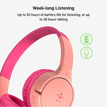 Belkin SoundForm Mini Auriculares Inalámbricos Para Niños Rosa USB-C 30 Horas Batería Limitador 85dB