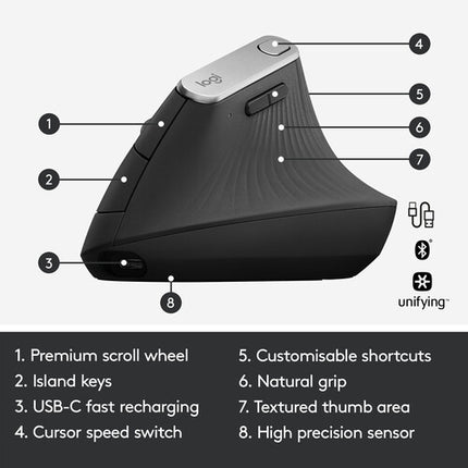 Logitech MX Vertical Ratón Ergonómico Avanzado Bluetooth 4000 dpi 10 m alcance