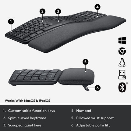 Teclado inalámbrico ergonómico Logitech Ergo K860 diseño dividido reposamuñecas acolchado