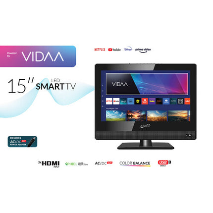 Supersonic SC-1520VTV VIDAA Televisor LED Smart 15.6" Full HD 3 HDMI 12V Car Adapter
