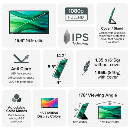 Plugable Monitor portátil USB-C 15.6" Full HD 1920x1080 300 nits con funda de viaje
