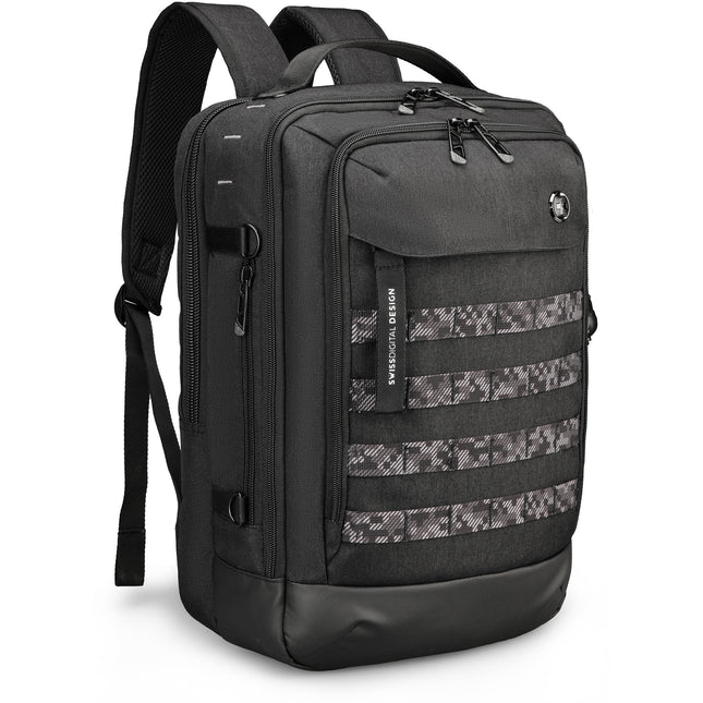 Swissdigital BERG L Mochila Negra 24L con Puerto USB-C y Protección RFID