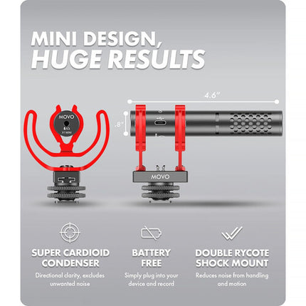 Movo Photo X1-Mini Micrófono Shotgun para Cámara con USB-C y 3.5mm Supercardioide 24-Bit