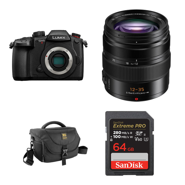 Panasonic LUMIX GH5 II Cámara sin Espejo 20.3MP 4K 60p con Lente 12-35mm f2.8 y Kit Básico