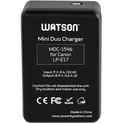 Watson Mini Duo Cargador USB-C para Baterías Canon LP-E17 con Pantalla LCD y Adaptador AC