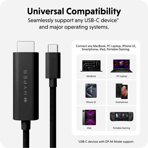 HYPER HyperDrive Adaptador USB-C a HDMI Cable 8 pies UHD 4K 60Hz Negro